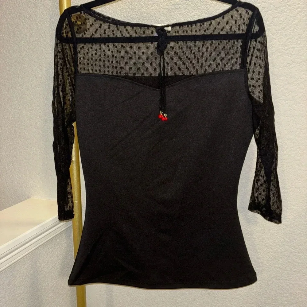 NWOT Unique Vintage Black Mesh Cherry Top - Picture 3 of 6